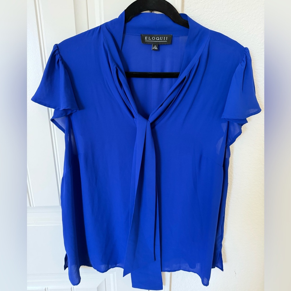 Eloquii Royal Blue Tie-Neck Flutter Sleeve Blouse